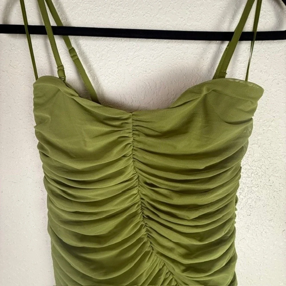 Abercrombie & Fitch Ruched Mesh Maxi Dress Avocado Green Medium Tall